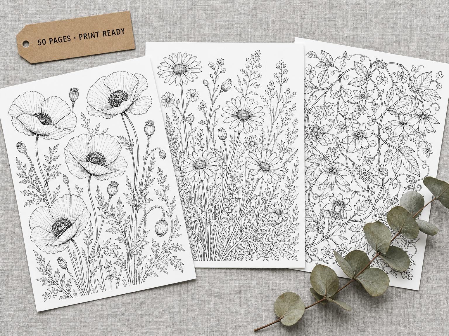 Printable coloring book pages with detailed floral line art