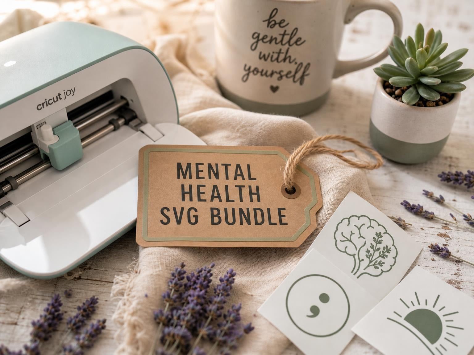 Therapist and mental health themed SVG bundle mockup with mug and icon cards