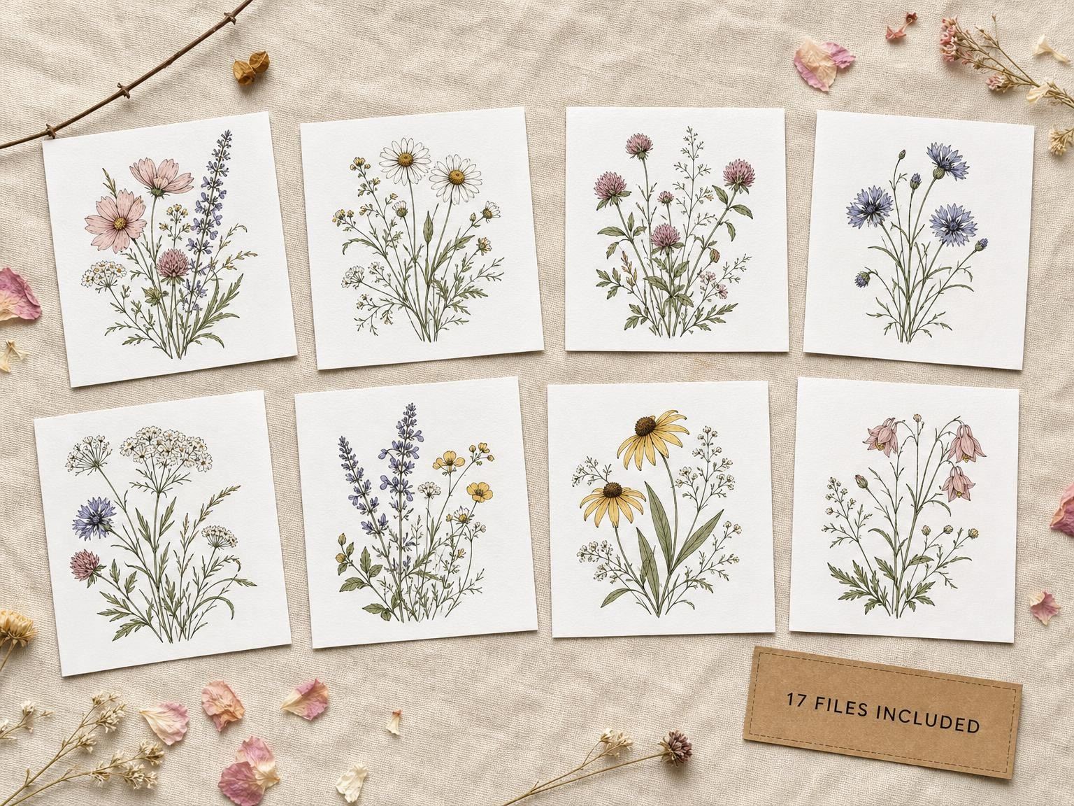 Boho wildflower SVG cut file designs laid out on fabric