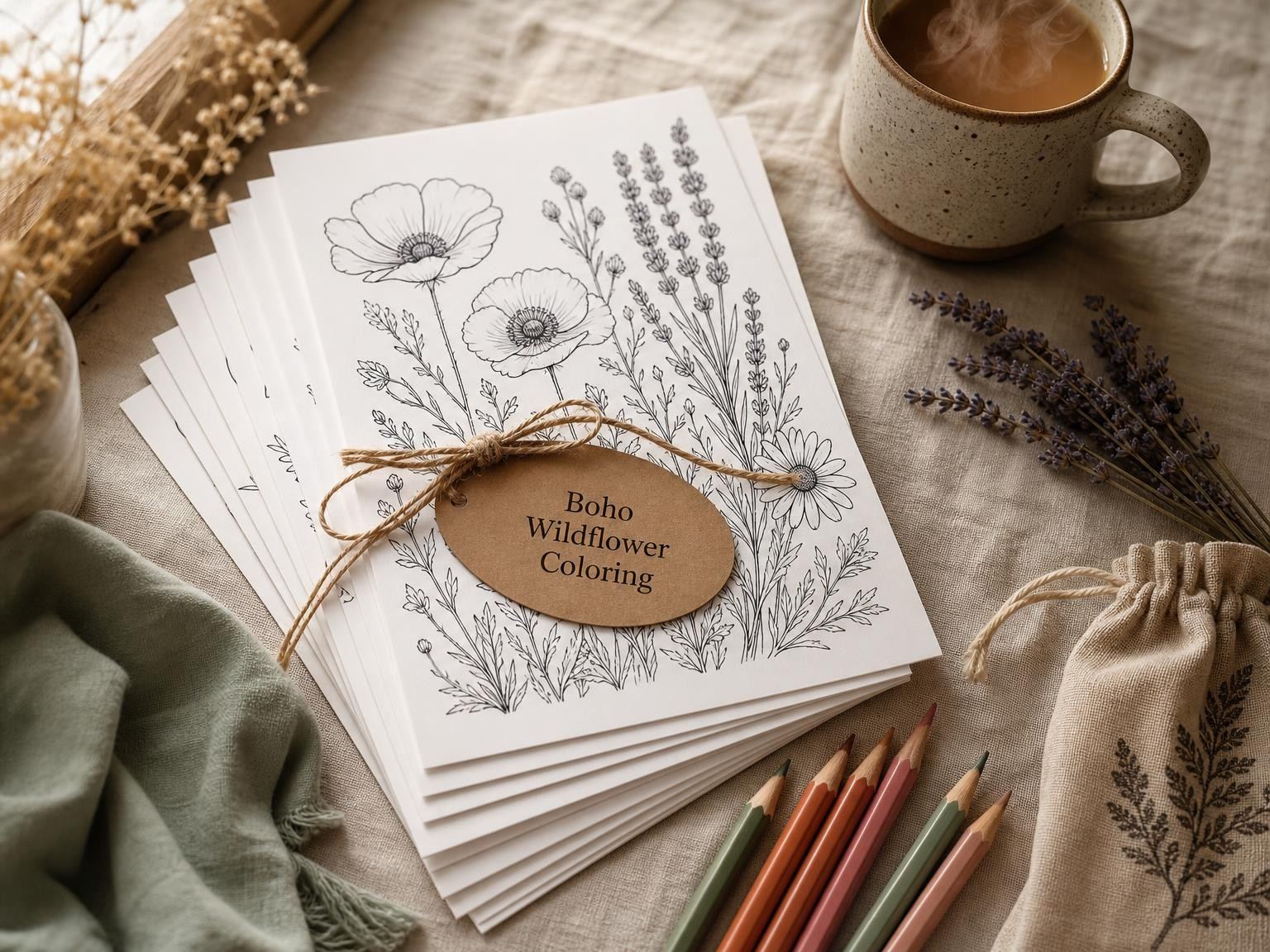 Stack of printed wildflower coloring pages with coffee and lavender