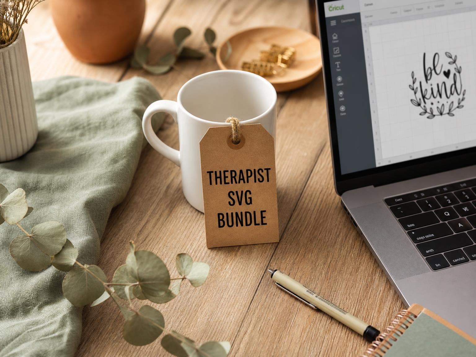 Therapist SVG bundle displayed on a laptop in Cricut Design Space next to a mug